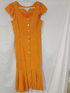 EUC Rachel Parcell Orange Polka Dot Button-Front Midi Dress Women's Size Small